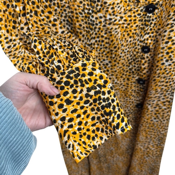 Ganni Wrap-effect Yellow Leopard Print Crepe Buttoned Midi Dress Long Sleeve 42 - Picture 4 of 16